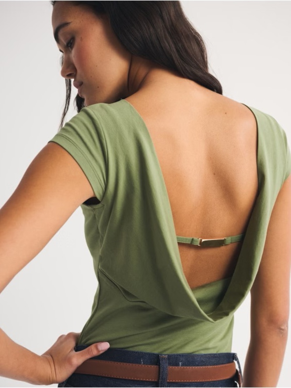 Abercrombie Bra-Free Short-Sleeve Cowl-Back Hardware Top Green